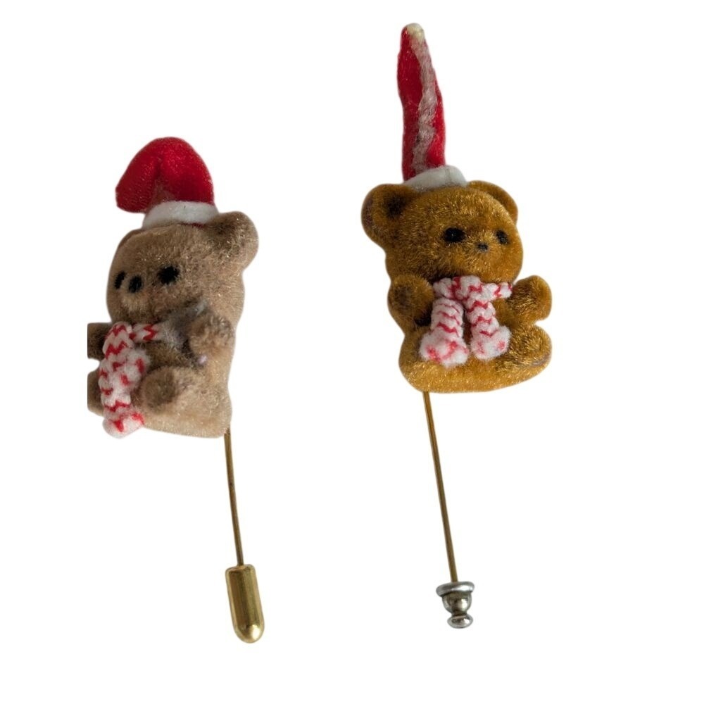 Vtg 2 Christmas Teddy Bear Stick Pin Brooch Grannycore